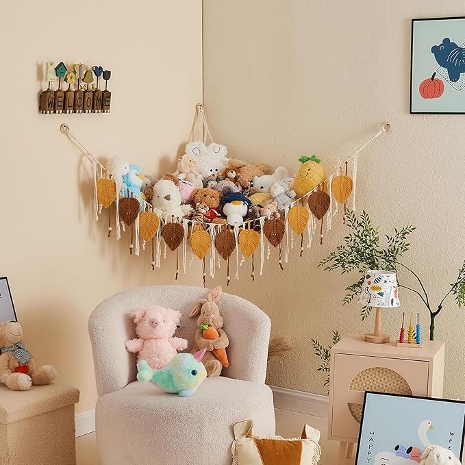 Pretty Jolly Macrame Stuffed Animal Hammock with Beads Hand Woven Leaf Tassels Corner Hanging Net Boho Plush Holder for Toys Kid Room Nursery Decor Organizer for Girls Gift(Dark Yellow&Caramel)