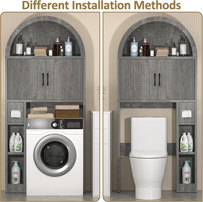 Over The Toilet Storage Cabinet, Bathroom Organizer Over Toilet, Arched Storage Organizer Cabinet with Anti-Tip Device and Adjustable Shelf for Washroom Laundry and Restroom, Grey
