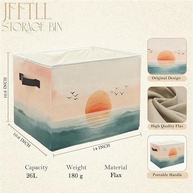 Boho Coastal Beach Sunset Storage Bins with Handles, Watercolor Coastal Ocean Landscape Collapsible Laundry Basket Storage Box for Home Bedroom Bathroom Clothes Toys Books