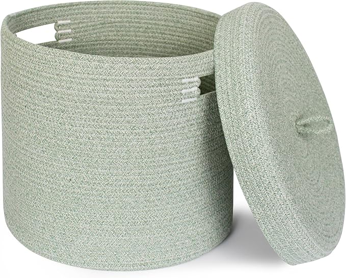 Storage Basket with Lid, Woven Blanket Storage for Living Room, Cotton Rope Bin with Lid, Round Wicker Laundry Basket with Cover, Lidded Kid Dog Toy Box, Nursery Organizer, 15"x13", Green