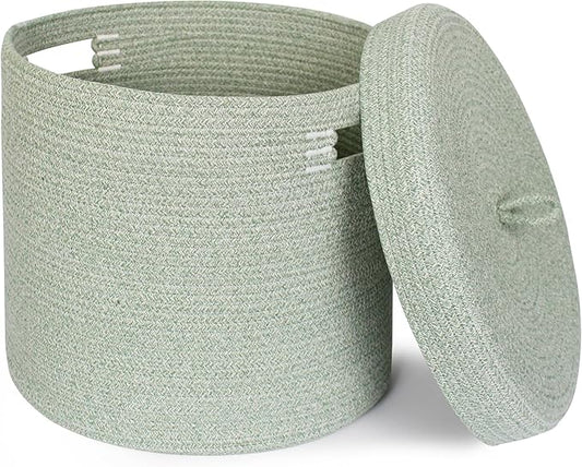 Storage Basket with Lid, Woven Blanket Storage for Living Room, Cotton Rope Bin with Lid, Round Wicker Laundry Basket with Cover, Lidded Kid Dog Toy Box, Nursery Organizer, 15"x13", Green