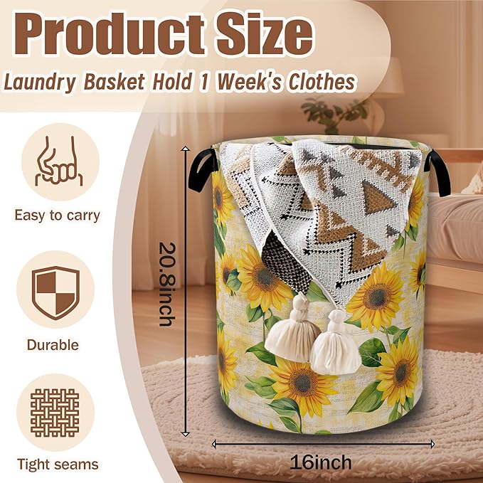 Vintage Sunflowers Laundry Hamper,Yellow Floral Collapsible Laundry Baskets Waterproof Oxford Cloth With Handles,Clothes Storage Bucket Toy Organizer For Bathroom/Nursery/Bedroom 16" x 20.8"