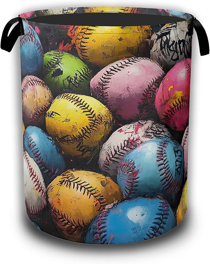 Colorful Baseball Laundry Hamper,Laundry Baskets,Waterproof Oxford Cloth Toy Storage for Bedroom,Bathroom,Nursery,16x20.8 Inch