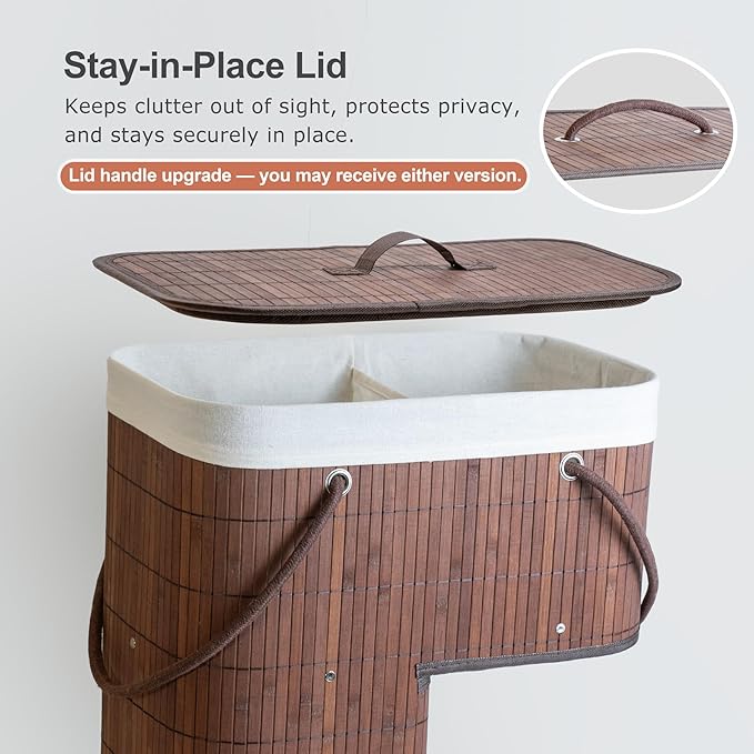 Stair Basket with Lid & Handle – Staircase Storage Basket for Wooden & Carpeted Stairs, Foldable Step Baskets for Stairs, Bamboo Storage Bin Organizer for Toys, shoes & Books (Brown)