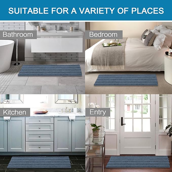 H.VERSAILTEX Bathroom Rug Sets 2 Piece Bath Mats Non Slip Thick Soft Chenille Striped Bath Rug achine Washable Shower Floor Rugs for Tub, Shower and Floor (Blue Indigo, 47" x 17"/17" x 24")