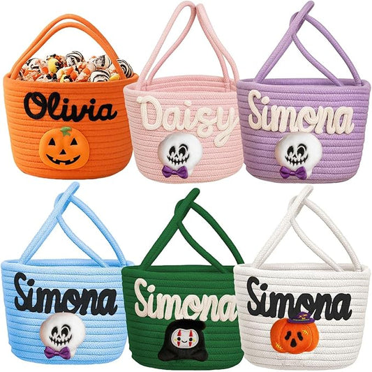 Personalized Halloween Trick or Treat Basket with Name – Custom Woven Candy Bag, Pumpkin or Ghost Bucket for Kids, Boys & Girls