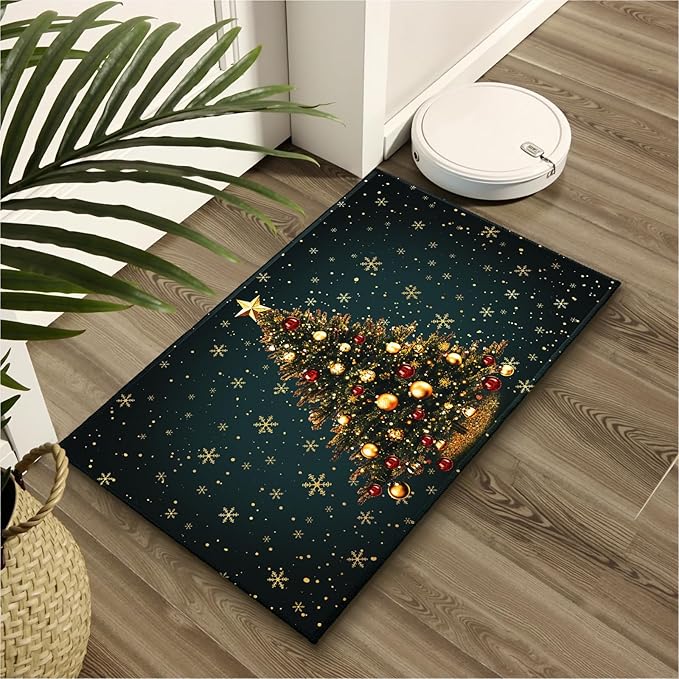 Green Christmas Bath Rug Xmas Tree Gold Snowflakes Bathroom Mat Winter Holiday Rug Extra Soft Plush Rug 20X32 Inch Non Slip Absorbent Doormat for Bathroom Entryway