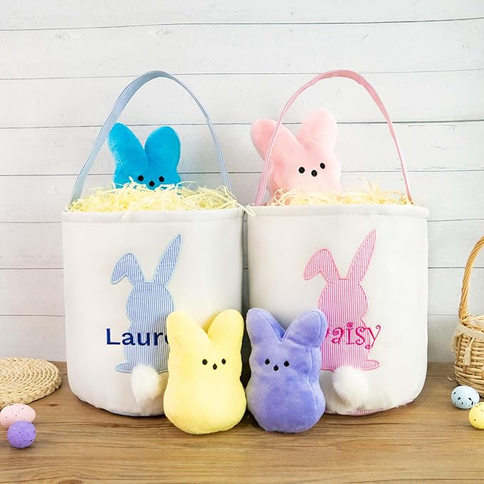 MT WORLD Toddler Easter Bunny Basket Personalized Easter Egg Bucket for Kids with Name Canvas Rabbit Bucket Tote for Baby Boys Girls Easter Egg Hunts Decorations Candy Gifts Storage (Pink Bunny)