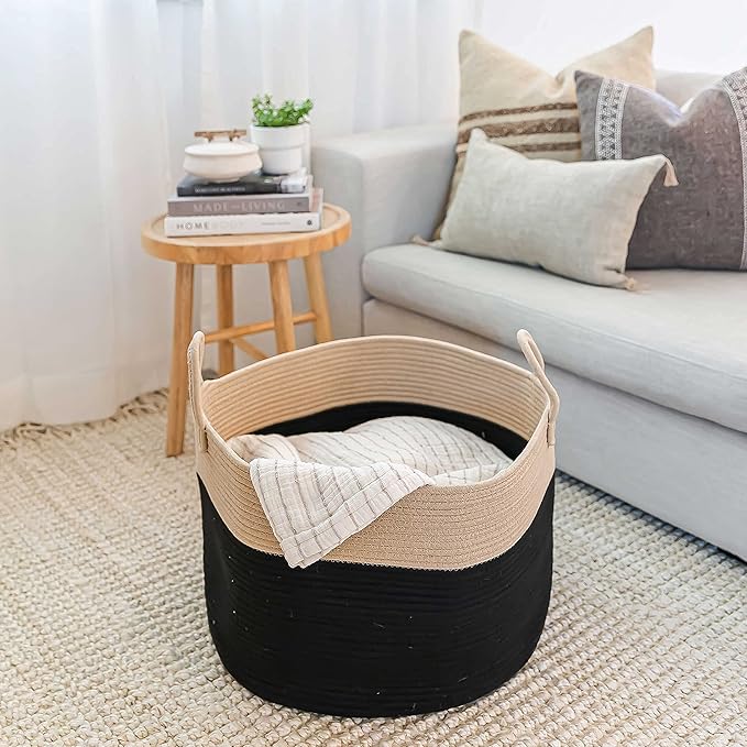 XL Cotton Rope Basket w/Handles + Large Landry Basket - BLACK