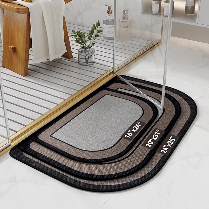Half Circle Bath Mat, Thin Bathroom Rugs Fit Under Door Quick Dry Non Slip Washable Bathroom Mat with Rubber Backing, Absorbent Half Round Shower Mat Rug, Gray Brown
