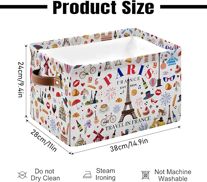 Paris Themed Storage Basket - Eiffel Tower Print Collapsible Bin with Handles - Eiffel Tower Toy Bins - Eiffel Tower Pattern Storages Bin for Kids Clothes, Gifts, Books