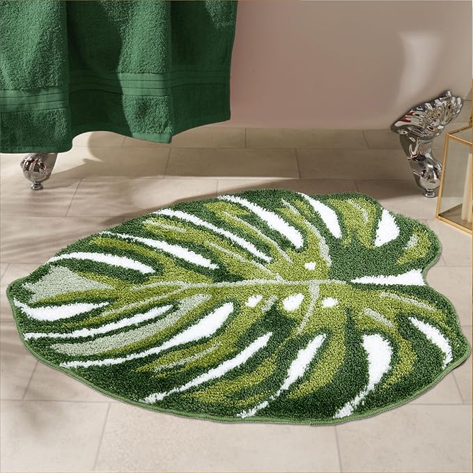 Green Bathroom Rug - Leaf Bath Mat Tropical Monstera Bath Rugs Non Slip Washable Bathrug for Bathroom Floor, Cute Bathmat Restroom Rug, Plant Absorbent Bath Mats Botanical Home Decor 20" x 32"
