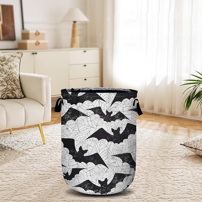 Retro Black White Bat Laundry Basket, Halloween Laundry Hamper Collapsible Oxford Cloth with Handle Clothes Toy Storage Bin for Bathroom Laundry Room Bedroom 15.7 X 20 Inch