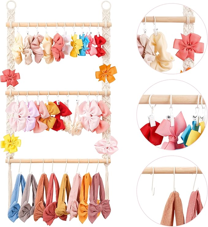 Dahey Hair Bows Organizer for Girls Headband Holder with 30 Hooks Wall Hanging Bow Holder Organizer Storage Hair Accessories Boho Nursery Decor for Baby Girls Room, 29.5"x15"