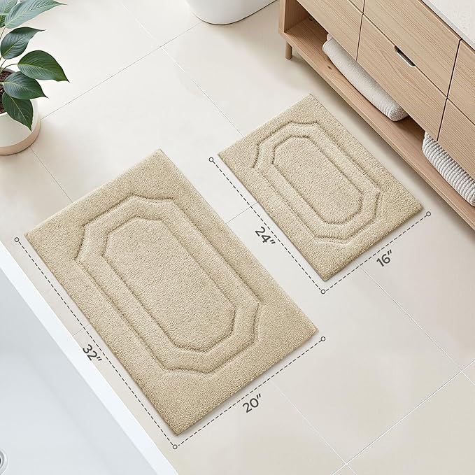 HOMEIDEAS Bathroom Rugs Sets 2 Piece, Extra Soft and Absorbent Microfiber Plush Bath Mat with Non Slip Backing(Beige)