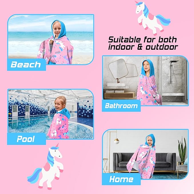 Hooded Towels for Kids -Toddler Beach Towel- Super Absorbent & Quick Dry 100% Cotton 35x60 Inch - to Kid Ages 3-12-Sky Blue Unicorn Pattern Design