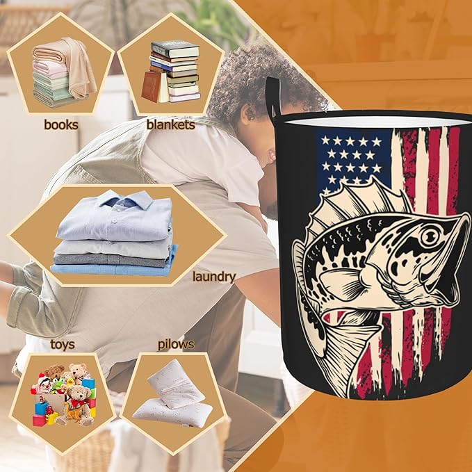 Laundry Basket,American Flag Bass Fish Laundry Hamper Bass Fishing Collapsible Organizer Basket,Toy Storage Bin Room Decor Gift Clothes Baskets,Bedroom Children Nursery Hamper 16x20 Inch
