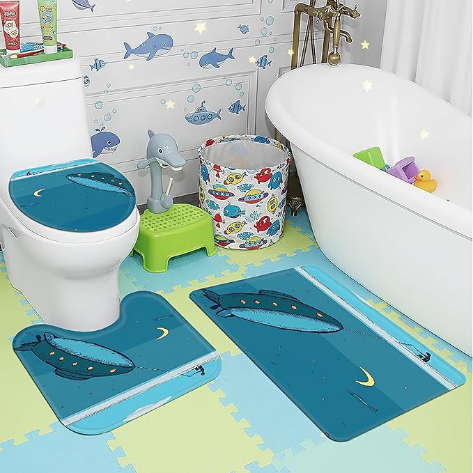 4Pcs Kids Shower Curtain Sets,Submarine Adventure Boy Bathroom Sets with Waterproof Shower Curtain,Memory Rugs,Non-Slip Rug,Toilet Lid Cover Bath Mat,Bathroom Décor for Kids