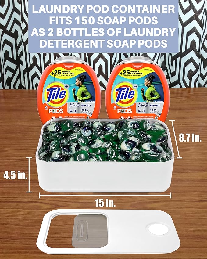 Skywin Large Laundry Pods Container with Slide Lid, 2 Pack Laundry Pod Holder 15 x 8.7 x 4.5 In, Holds 11 lbs OR 120-150 Pods (White)