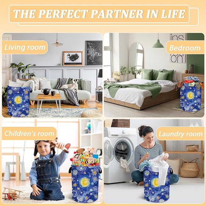Starry Night Laundry Basket, Foldable Waterproof Oxford Cloth Laundry Hamper Funny Tote Bag Dirty Clothes Storage Bucket Toy Organizer for Bathroom/Laundry/Bedroom 15.7"x19.6"