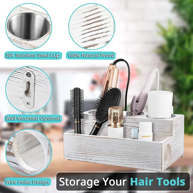 Hair Tool Organizer, White Washed Wood Hair Dryer Holder Countertop, Wall Mount Hot Tools Organizer for Hair Styling Accessories, Bathroom Supplies Vanity Caddy for Curling Wand, Blow Dryer