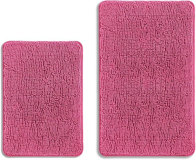 Hot Pink Bathroom Rugs Sets 2 Piece – Absorbent and Washable Bath Mat, Non-Slip, Thick Soft Chenille Bath Rugs for Bathroom Floor, Shower, Sink - 17" x 24"+20" x 32"