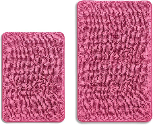 Hot Pink Bathroom Rugs Sets 2 Piece – Absorbent and Washable Bath Mat, Non-Slip, Thick Soft Chenille Bath Rugs for Bathroom Floor, Shower, Sink - 17" x 24"+20" x 32"