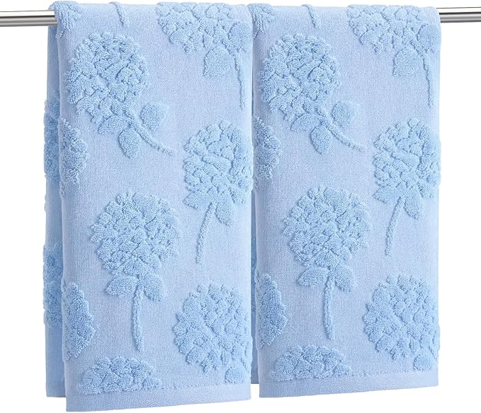 2 Pcs Blue Hydrangea Hand Towels for Bathroom Blue Hydrangea 100% Cotton Jacquard Weave Bath Towel Set Soft Absorbent Washcloth for Bathroom Kitchen Summer Theme Gifts 13.8 x 29.5 Inch