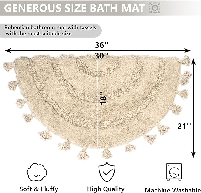 Half Circle Rug with Tassels for Boho Bedroom Decor Extra Soft 100% Cotton Hand-Woven Bath Rugs Non Slip Absorbent Crochet Rugs Machine Washable Boho Bath Mats for Bathroom Floor, Tub and Home Decor
