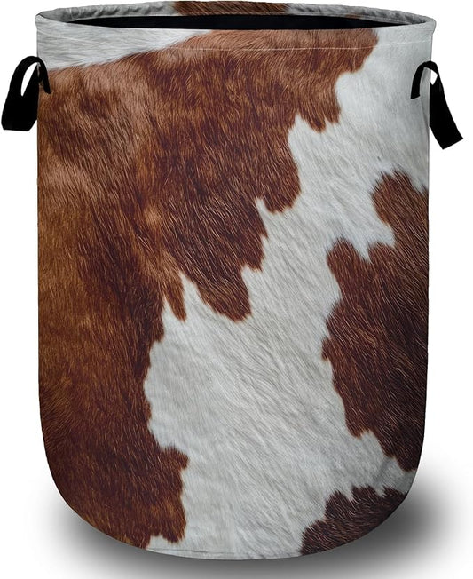 Brown Cow Skin Laundry Basket, Laundry Hamper Collapsible Oxford Cloth with Handle Clothes Toy Storage Bin for Bathroom Laundry Room Bedroom 15.7 X 20 Inch