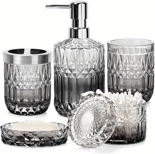 5-Piece Bathroom Accessory Set, Diamond Glass Bathroom Soap Lotion Dispenser, Toothbrush Holder, Tray, Jar, Tumbler, Luxury Vanity Organizer, Elegant Home Decor