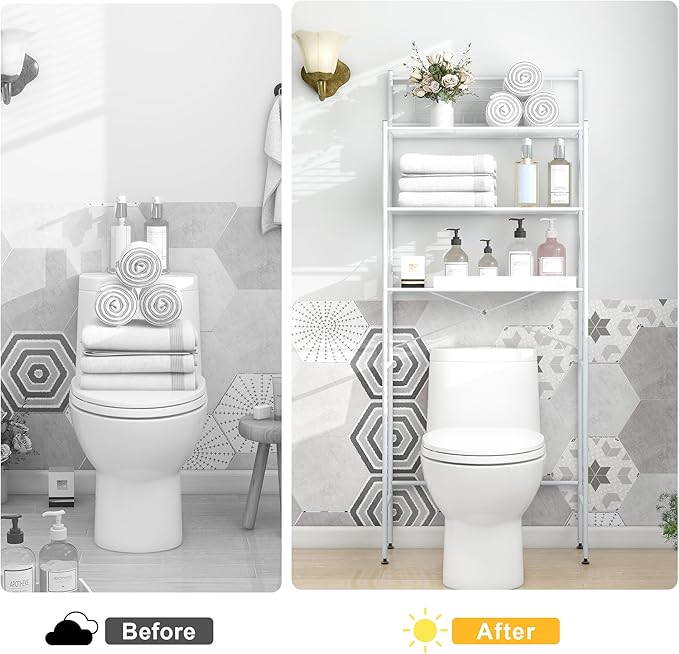 MallBoo Over The Toilet Storage Rack, 3-Tier Metal Bathroom Organizer Shelf with Hooks & Paper Holder, Freestanding Above Toilet Storage for Small Spaces, Apartments, Laundry Room(White)