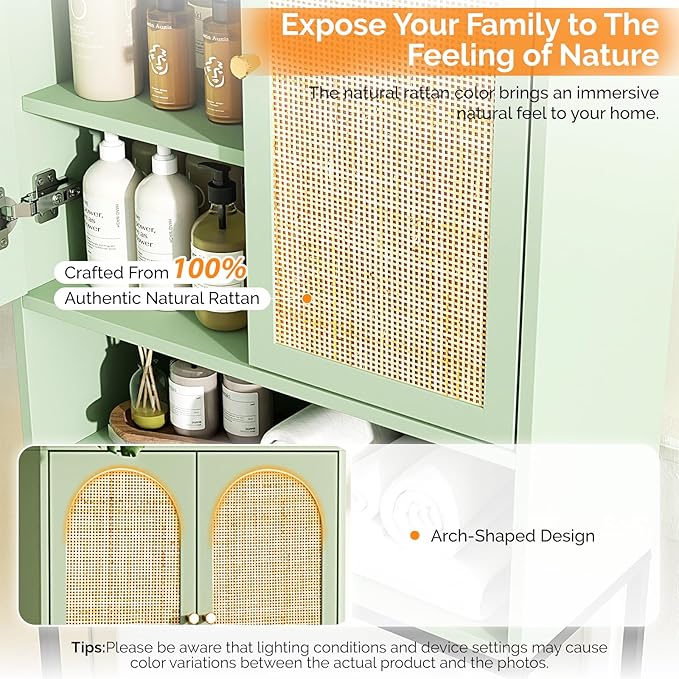 VINGLI Over The Toilet Storage Cabinet, Sage Green Bathroom Organizer Over Toilet with Arched Rattan Doors, Freestanding Space Saver Rack with Adjustable Shelf for Restroom Laundry, Modern Boho