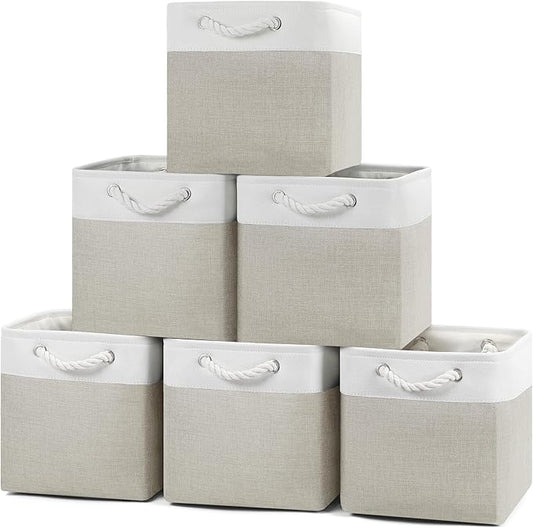 Posprica 11×11 Storage Cubes, Collapsible Storage Bins Organizer for Closet, Fabric Storage Box with Cotton Rope Handles, Decorative Storage Baskets for Shelves, Nursery, Toy, set of 6 - White/Coffee