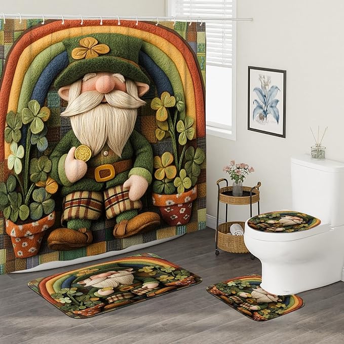4PCS St.Patrick's Day Gnome Bathroom Accessory Sets with Non-Slip Rug, U Shape Toilet Lid Cover Mat, Wool Felt Style Leprechaun Shamrocks Bathroom Decoration 72''x72''