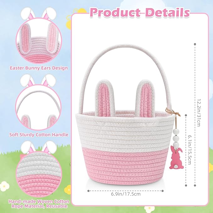 Easter Baskets for Kids, Pink Small Woven Rope Bunny Personalized Easter Basket Empty with Handle, Basket Name Tag, Baby Egg Easter Baskets Gifts for Girls Boys Toddler Babies, 8.7" x 6.9" x 6.3"