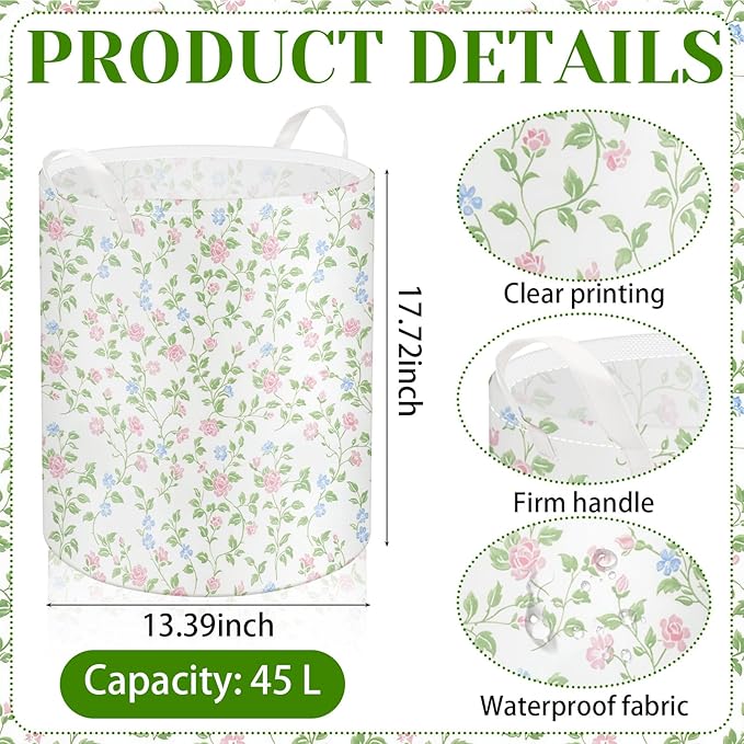 2 Pcs Laundry Basket Coquette Storage Basket for Girls Nursery Hamper with Handles Foldable Waterproof Collapsible Storage Bin Organizer for College Dorms Bathroom(Floral)