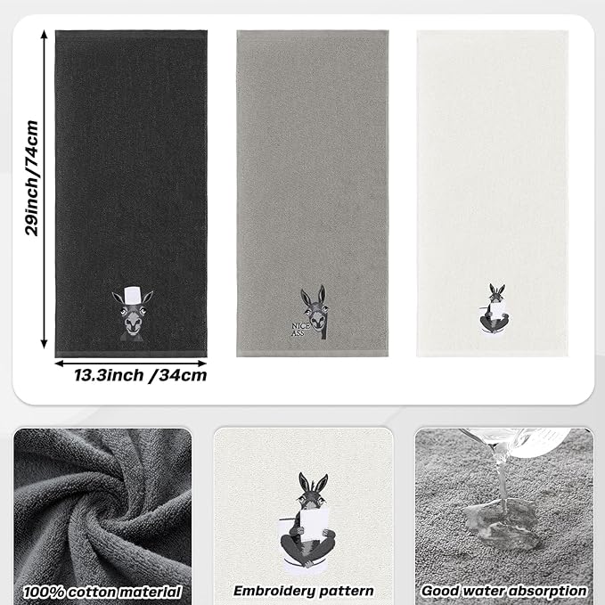 3 Pcs Funny Donkey Hand Towels Embroidered Donkey Farmhouse Decorative Bathroom Towels for Bathroom Kitchen Decor, 100% Cotton, 13.3 x 29.5''