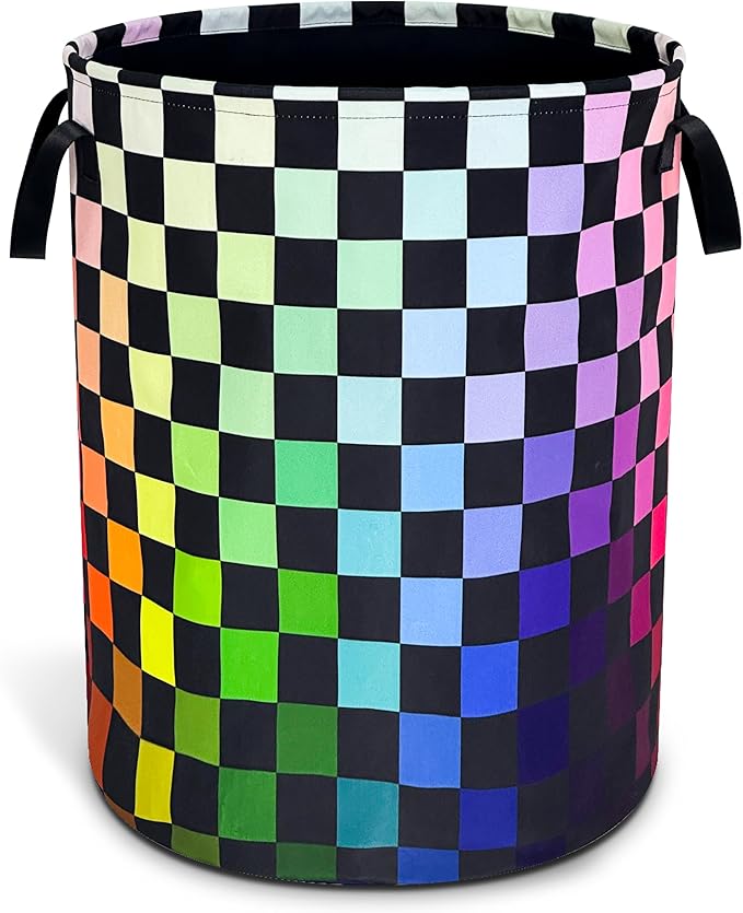 Checkered Rainbow Laundry Basket Oxford Cloth Colorful Squares Laundry Hamper With Handle Foldable Portable Clothes Storage Basket 18.9 X 16.5 In Storage Bag For Laundry Room/Bathroom/Bedroom
