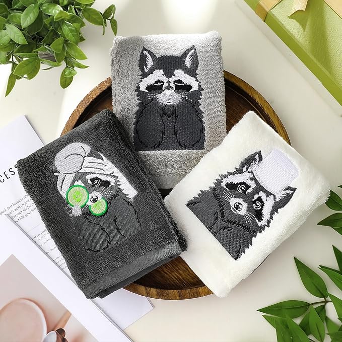 3 Pcs Raccoon Gifts Hand Towels for Bathroom Decorative Funny Retro Raccoon Bathroom Decor 100% Cotton Embroidered Towels for Women Kitchen Decor, 13. 3 x 29. 5''