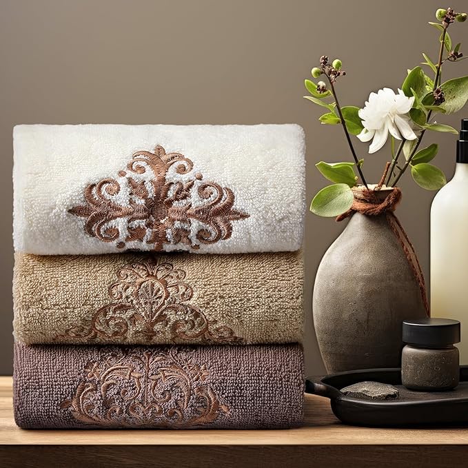 3 Pcs Vintage Brown Hand Towels Fancy Decorative Bathroom Towels 13.3 x 29.5'' Luxury Damascus Embroidered 100% Cotton Soft Absorbent for Bathroom Kitchen Boho Decor