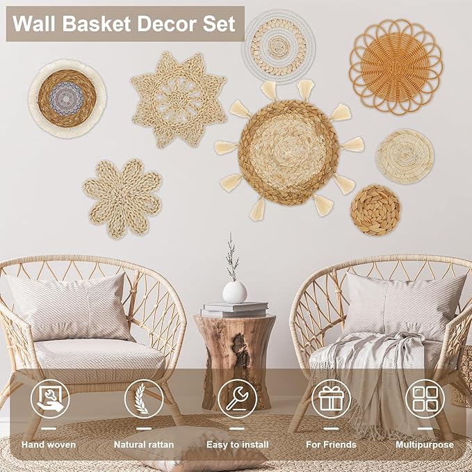 US 8 Pcs Wall Basket Decor Hanging Woven Basket Wall Decor Multipurpose Wall Basket Decor Set Decorative Basket Wall Decor Set for Home Living Room Bedroom Nursery(8,Colour)