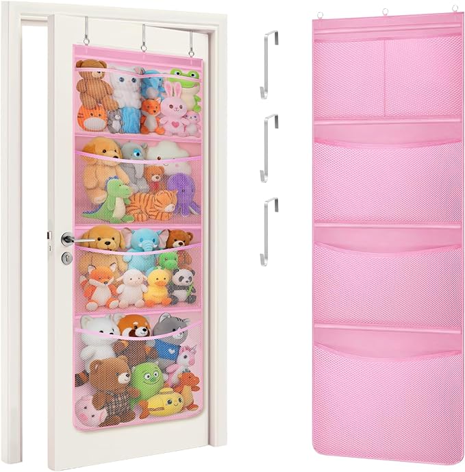 Lifewit Stuffed Animal Storage, Over the Door Organizer with 5 Expandable Mesh Pockets, Breathable Oxford Fabric Hanging Kid Baby Plush Toy Holder for Nursery, 167 cm (65.8'') High, Pink, 1 Pack