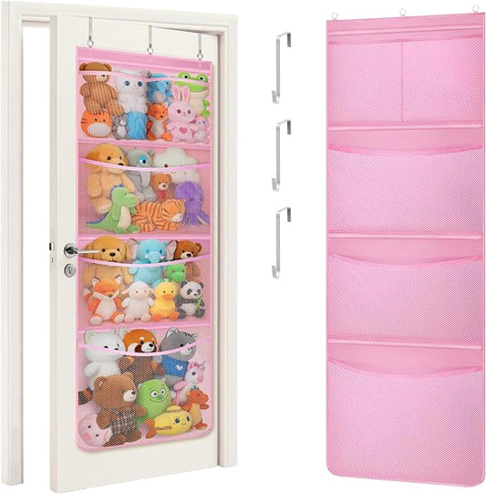 Lifewit Stuffed Animal Storage, Over the Door Organizer with 5 Expandable Mesh Pockets, Breathable Oxford Fabric Hanging Kid Baby Plush Toy Holder for Nursery, 167 cm (65.8'') High, Pink, 1 Pack