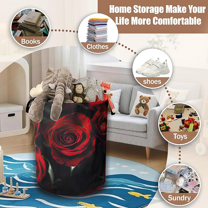 Laundry Hamper,Red Rose Collapsible Laundry Baskets Waterproof Oxford Cloth With Handles,Clothes Storage Bucket Toy Organizer For Bathroom/Nursery/Bedroom 16" x 20.8"