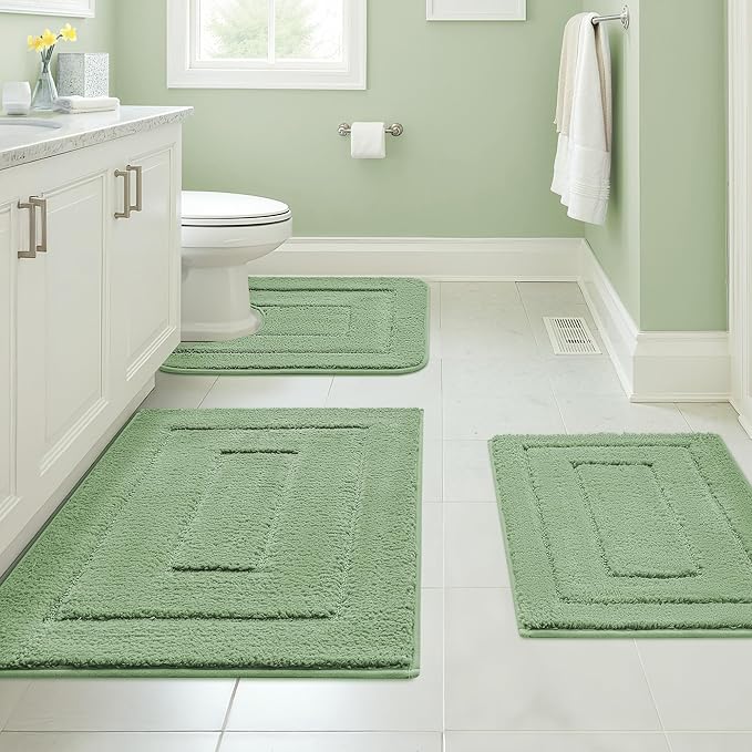 GRANNY SAYS Bathroom Rugs Sets 3 Piece, Soft Absorbent Microfiber Bath Mats for Bathroom Non Slip Washable, U-Shaped Toilet Bath Rugs for Tub Shower (Green, 16" x 24" + 20" x 32" + U Shaped 20" x 24")