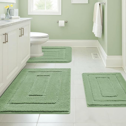 GRANNY SAYS Bathroom Rugs Sets 3 Piece, Soft Absorbent Microfiber Bath Mats for Bathroom Non Slip Washable, U-Shaped Toilet Bath Rugs for Tub Shower (Green, 16" x 24" + 20" x 32" + U Shaped 20" x 24")