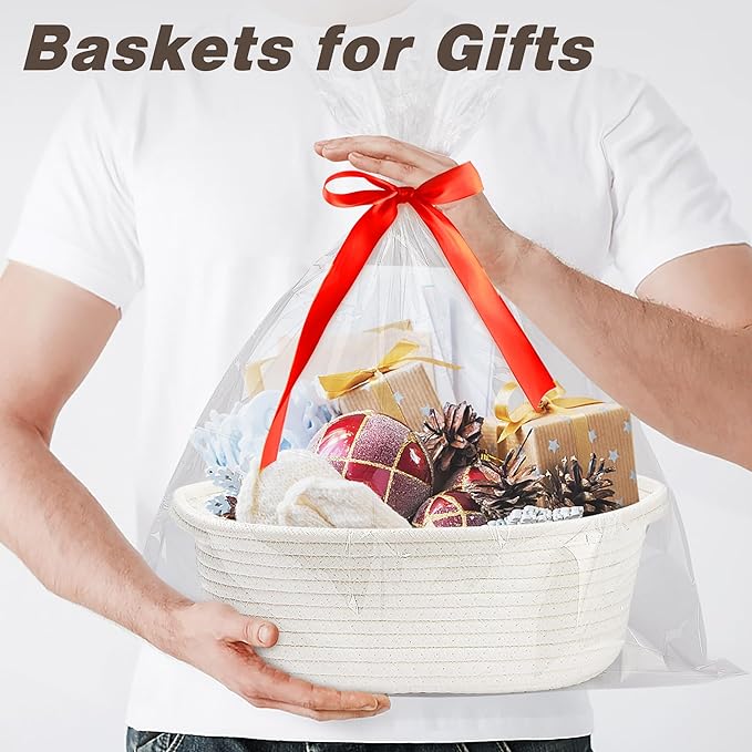 Small Woven Basket with Gift Bags and Ribbons Cute Baskets for Gifts Empty 12"x8"x5" Small Rope Toy Basket for Babies White Baskets for Storage
