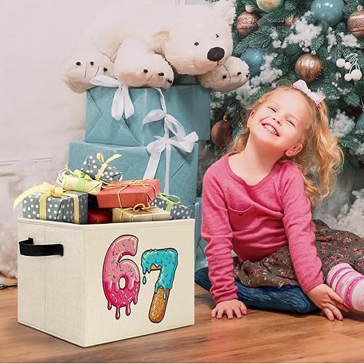 Pink and Blue Funny 6 7 Meme Storage Bins Box with Handles, Donut Ice Cream Number Six Seven Laundry Basket Hamper Collapsible Clothes Toys Organizer for Kids Boys Girls Room Nursery