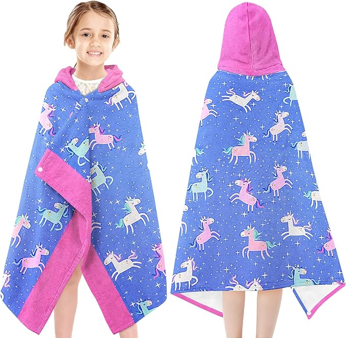 Hooded Beach Towel for Kids - Soft Thick Cotton Starry Sky Unicorn Toddler Hood Bath Towels/Pool Terry Towel Poncho Wrap Absorbent Cute Bath & Swim Wrap for Boys & Girls 3-10 Years - Blue